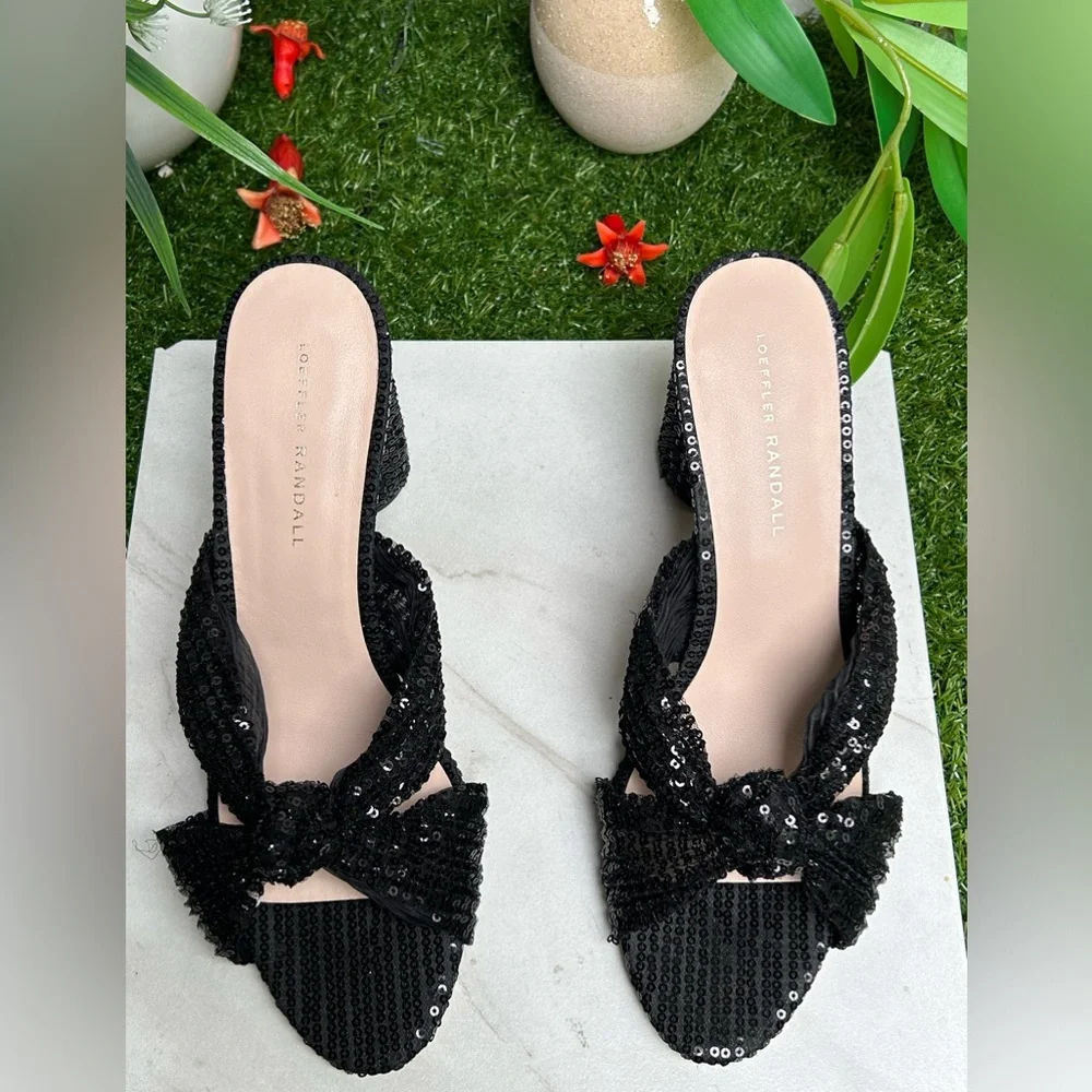 Loeffler Randall Black Sequin Knotted Mule Heels